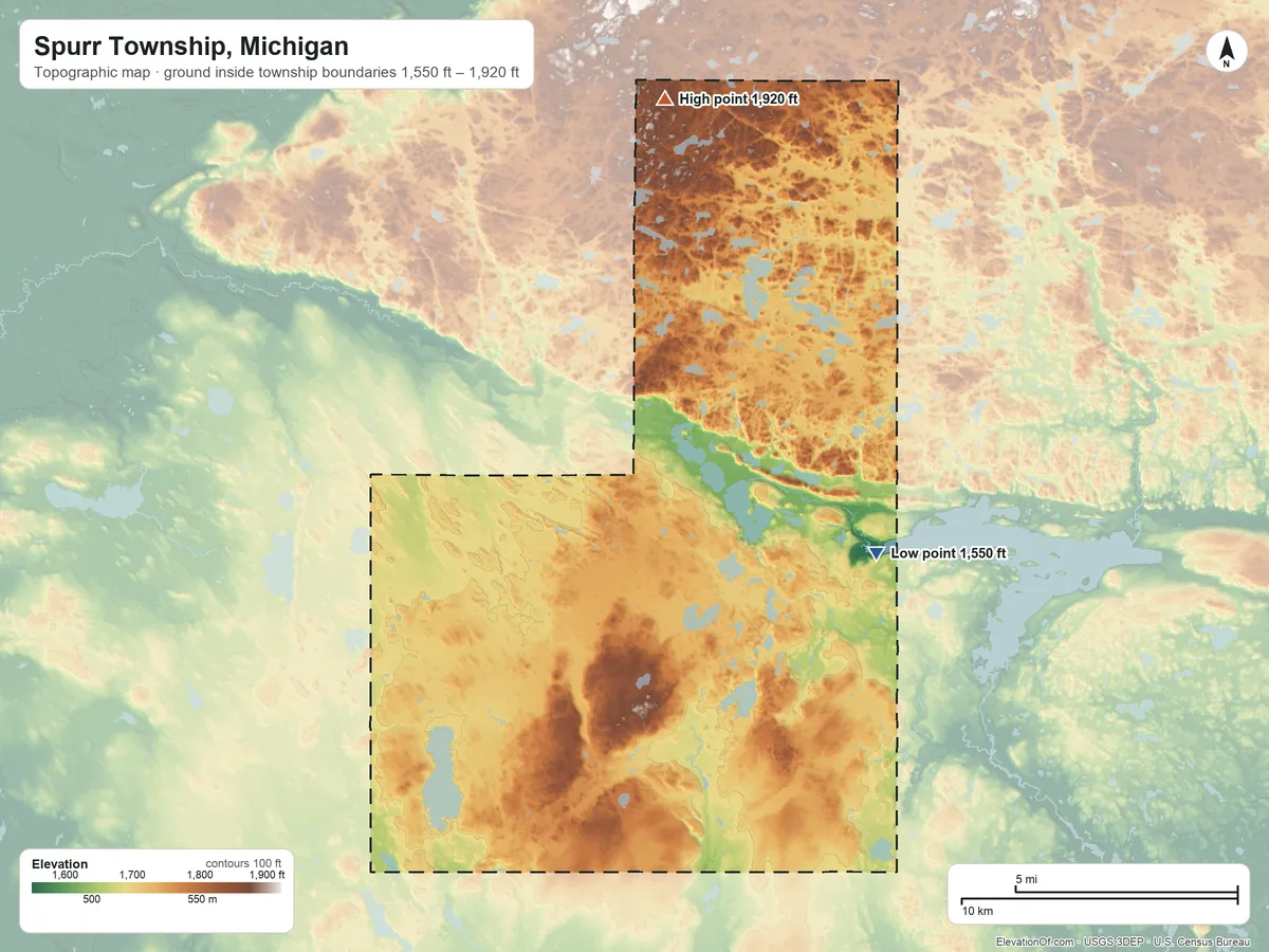 Topographic elevation map of Spurr Township, Michigan, shaded from 1,550 ft on the east side to 1,920 ft on the north side