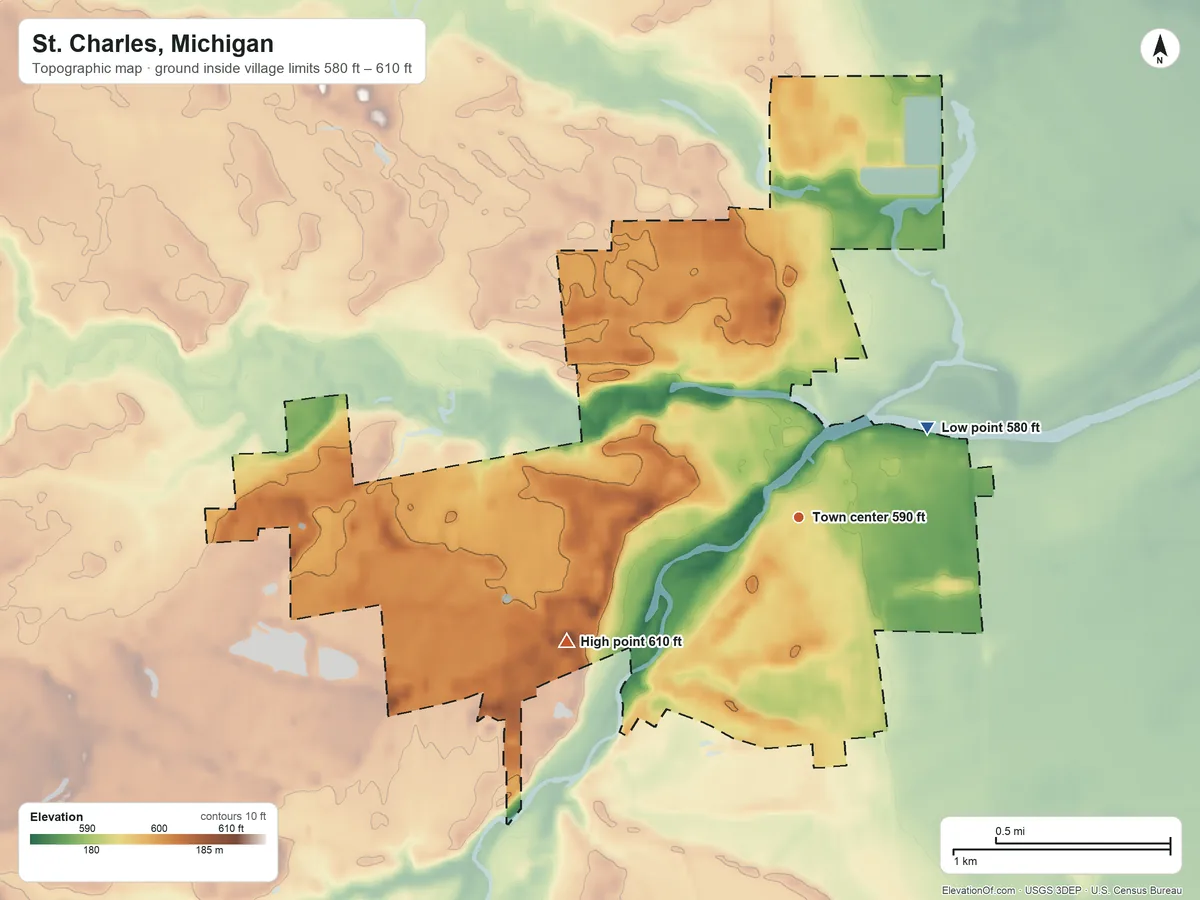 Topographic elevation map of St. Charles, Michigan, shaded from 580 ft on the northeast side to 610 ft on the southwest side