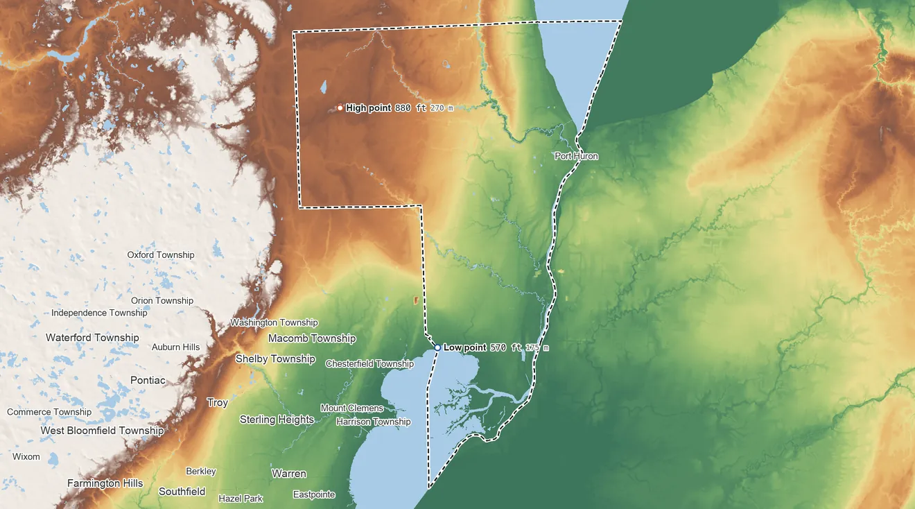 Topographic elevation map of St. Clair County, Michigan, shaded from 570 ft on the south side to 880 ft on the northwest side