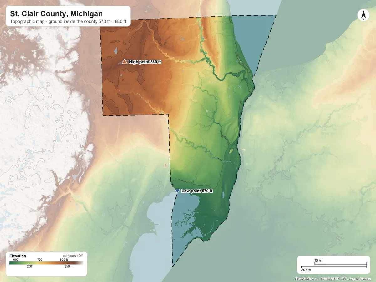 Topographic elevation map of St. Clair County, Michigan, shaded from 570 ft on the south side to 880 ft on the northwest side