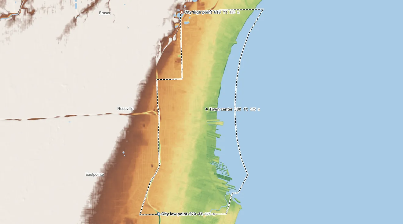 Topographic elevation map of St. Clair Shores, Michigan, shaded from 570 ft on the southwest side to 610 ft on the north side