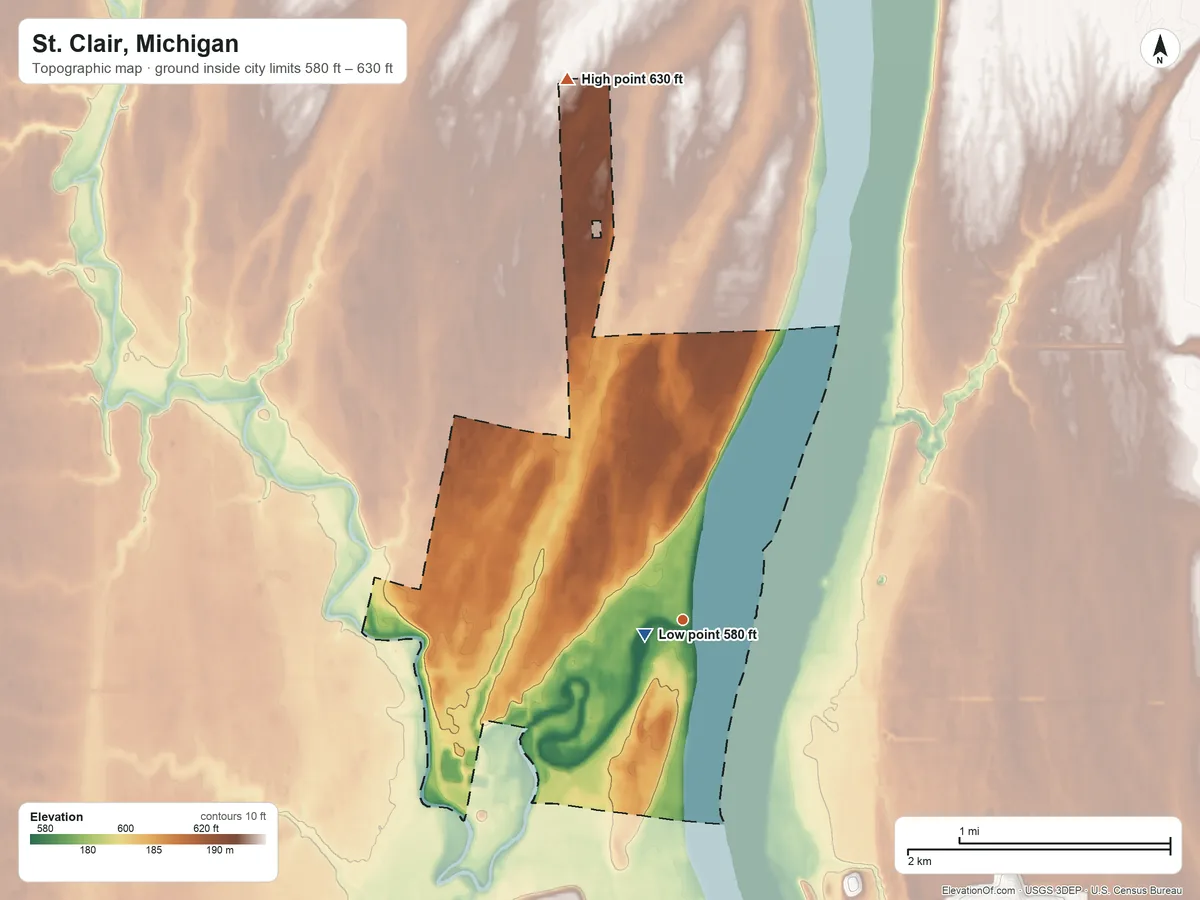 Topographic elevation map of St. Clair, Michigan, shaded from 580 ft near the middle to 630 ft on the north side