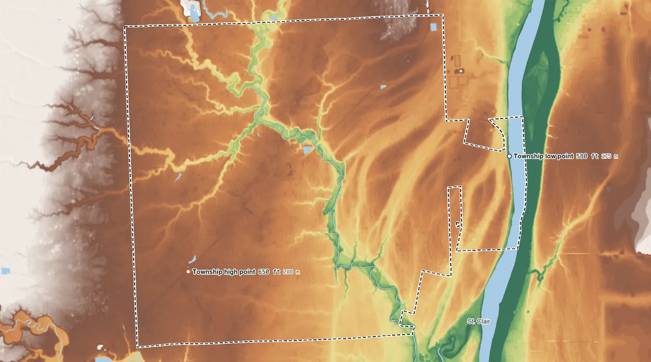 Topographic elevation map of St. Clair Township, Michigan, shaded from 580 ft on the east side to 650 ft on the southwest side