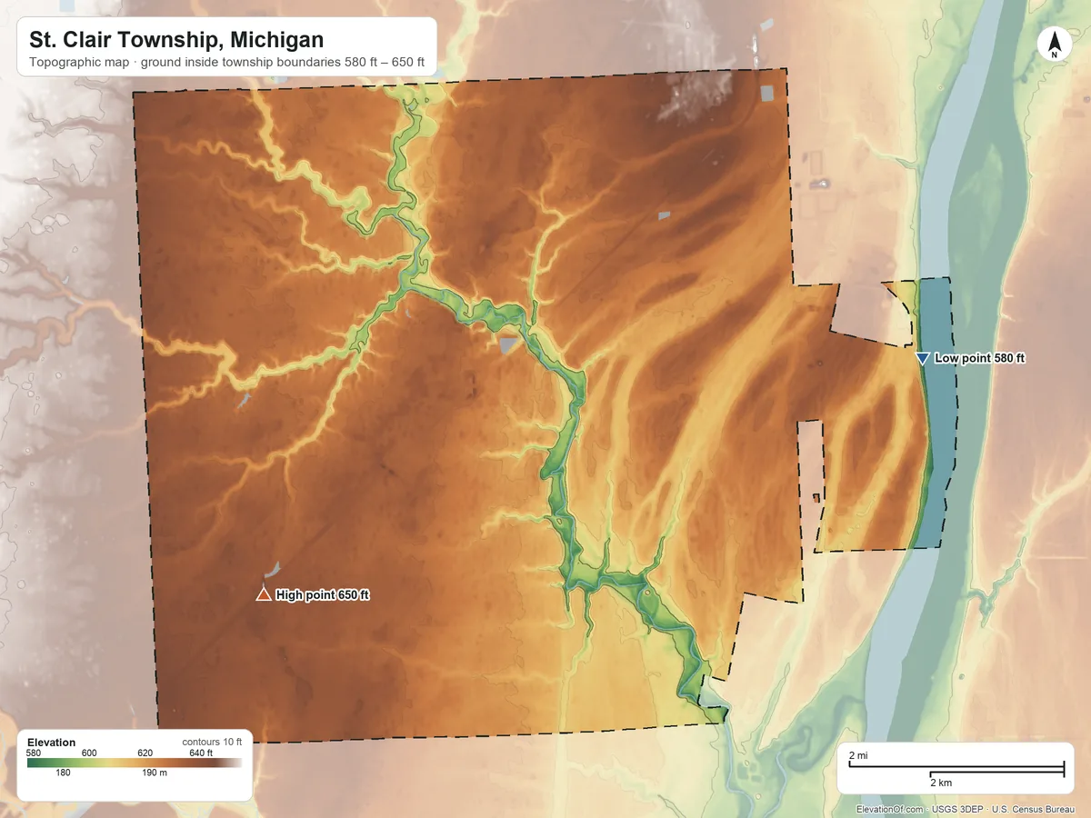 Topographic elevation map of St. Clair Township, Michigan, shaded from 580 ft on the east side to 650 ft on the southwest side