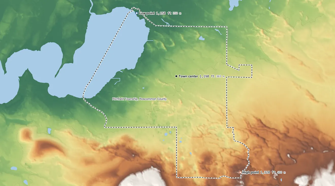 Topographic elevation map of St. Helen, Michigan, shaded from 1,150 ft on the northwest side to 1,320 ft on the southeast side