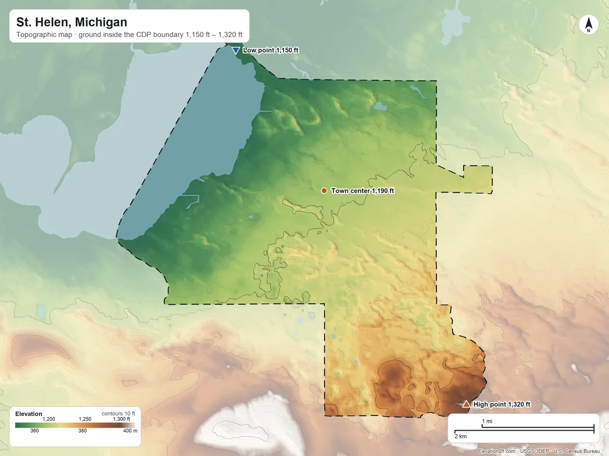 Topographic elevation map of St. Helen, Michigan, shaded from 1,150 ft on the northwest side to 1,320 ft on the southeast side