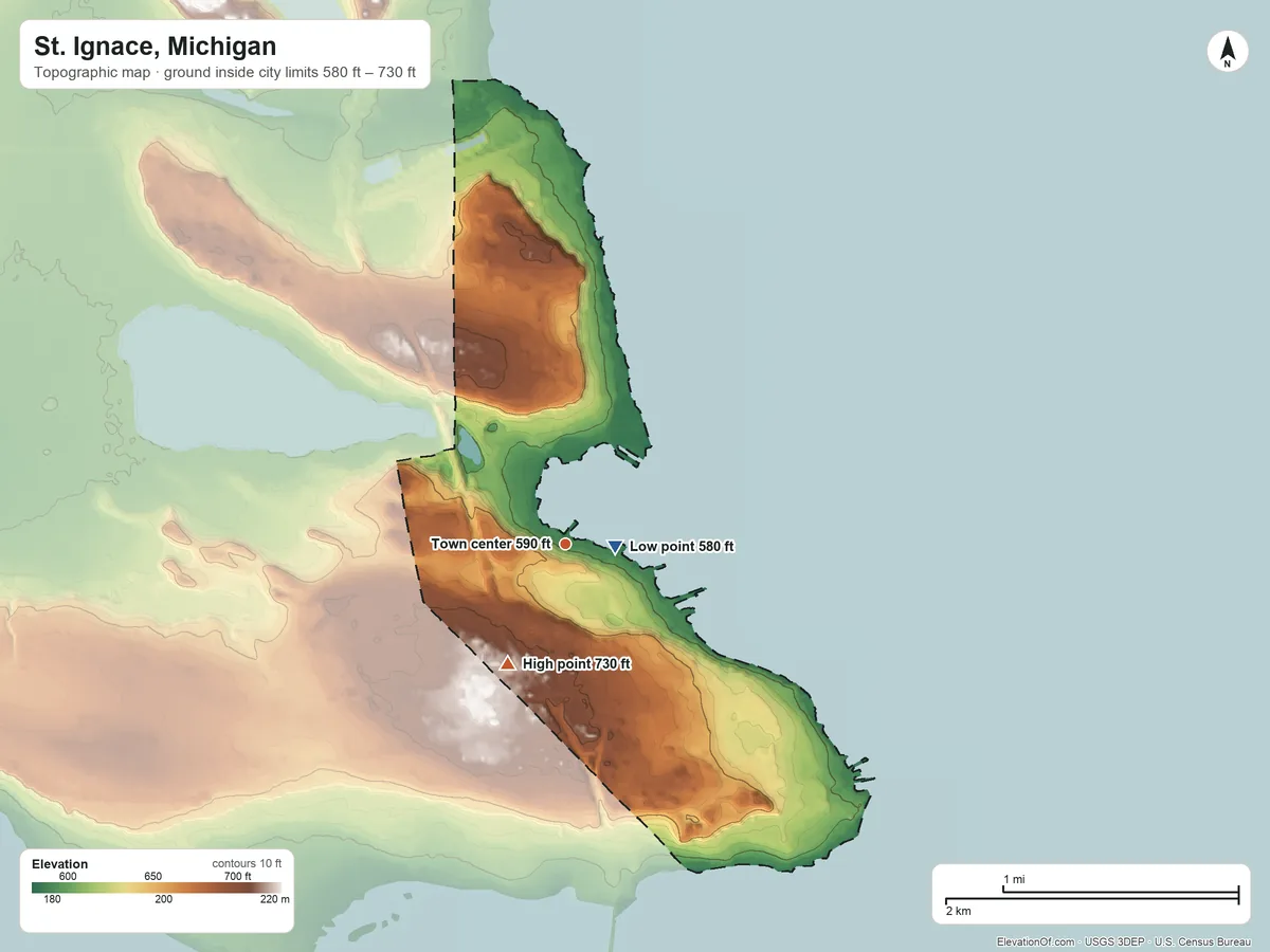 Topographic elevation map of St. Ignace, Michigan, shaded from 580 ft near the middle to 730 ft on the southwest side