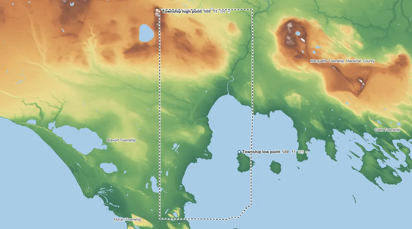 Topographic elevation map of St. Ignace Township, Michigan, shaded from 580 ft on the east side to 980 ft on the north side