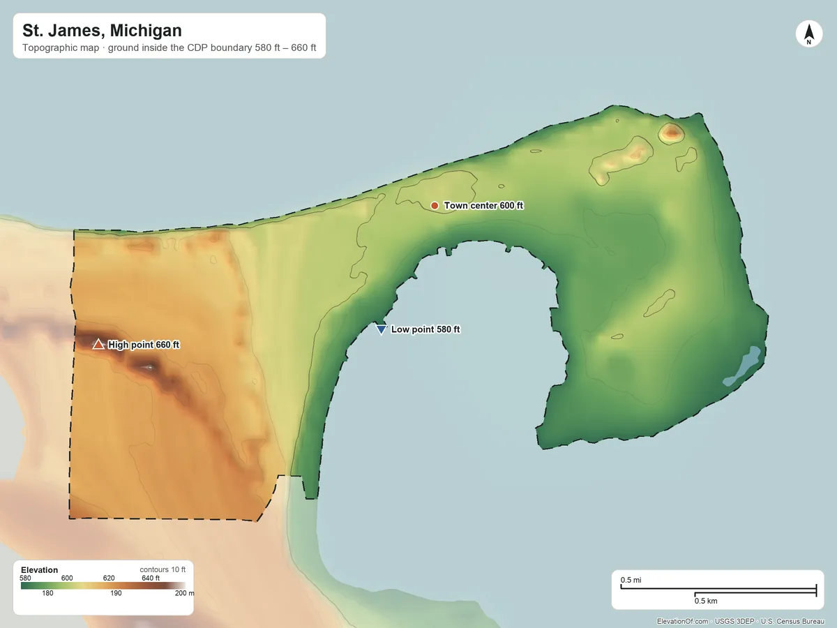 Topographic elevation map of St. James, Michigan, shaded from 580 ft on the southwest side to 660 ft on the west side