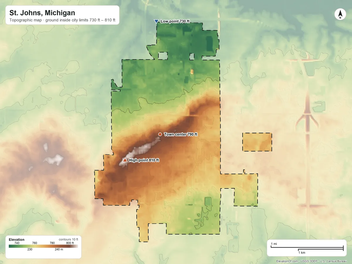 Topographic elevation map of St. Johns, Michigan, shaded from 730 ft on the north side to 810 ft on the southwest side