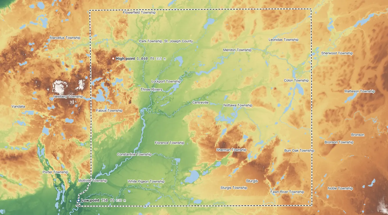 Topographic elevation map of St. Joseph County, Michigan, shaded from 750 ft on the southwest side to 1,040 ft on the northwest side