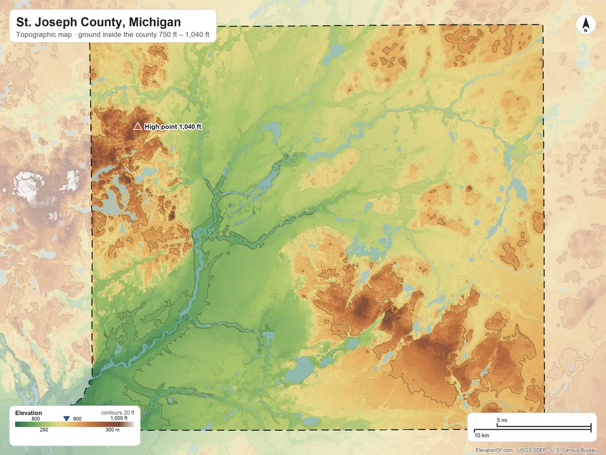 Topographic elevation map of St. Joseph County, Michigan, shaded from 750 ft on the southwest side to 1,040 ft on the northwest side