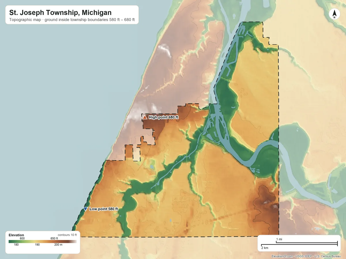 Topographic elevation map of St. Joseph Township, Michigan, shaded from 580 ft on the west side to 680 ft on the northwest side