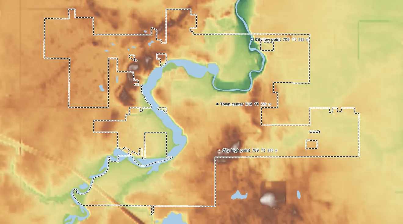 Topographic elevation map of St. Louis, Michigan, shaded from 700 ft on the northeast side to 780 ft on the south side