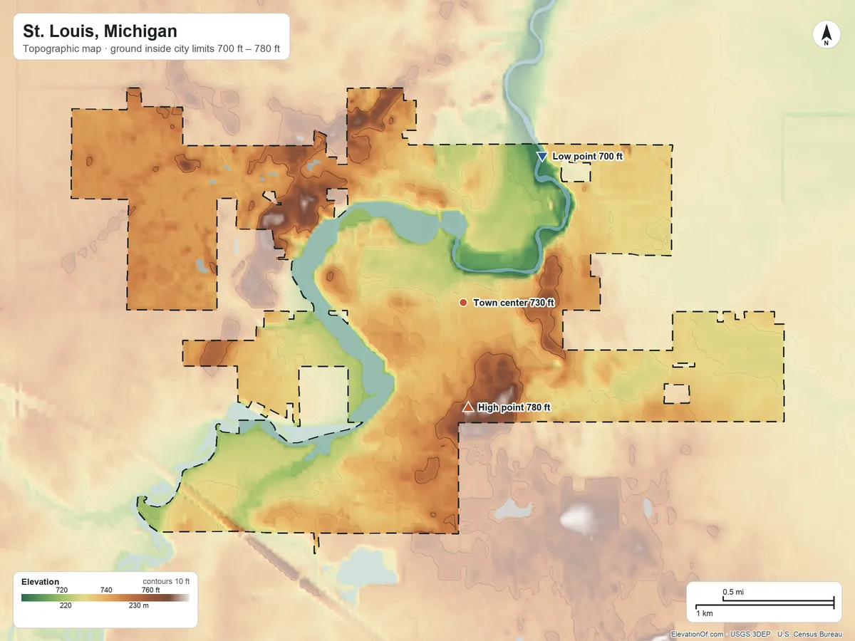 Topographic elevation map of St. Louis, Michigan, shaded from 700 ft on the northeast side to 780 ft on the south side