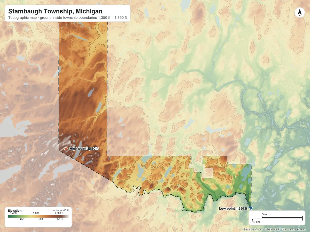Topographic elevation map of Stambaugh Township, Michigan, shaded from 1,350 ft on the southeast side to 1,890 ft on the west side