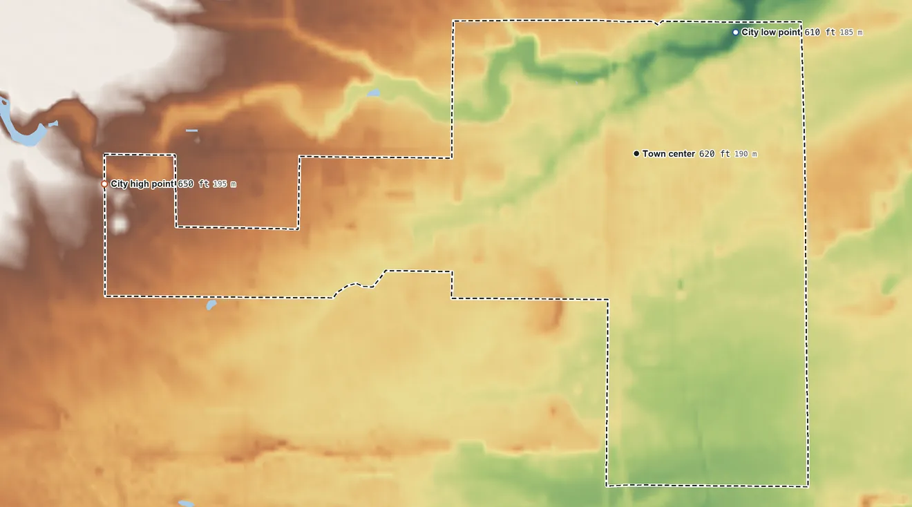 Topographic elevation map of Standish, Michigan, shaded from 610 ft on the northeast side to 650 ft on the west side