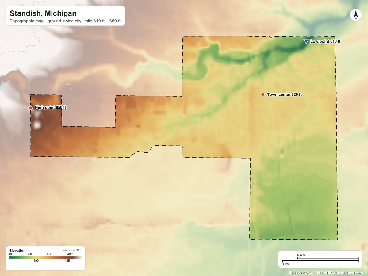 Topographic elevation map of Standish, Michigan, shaded from 610 ft on the northeast side to 650 ft on the west side