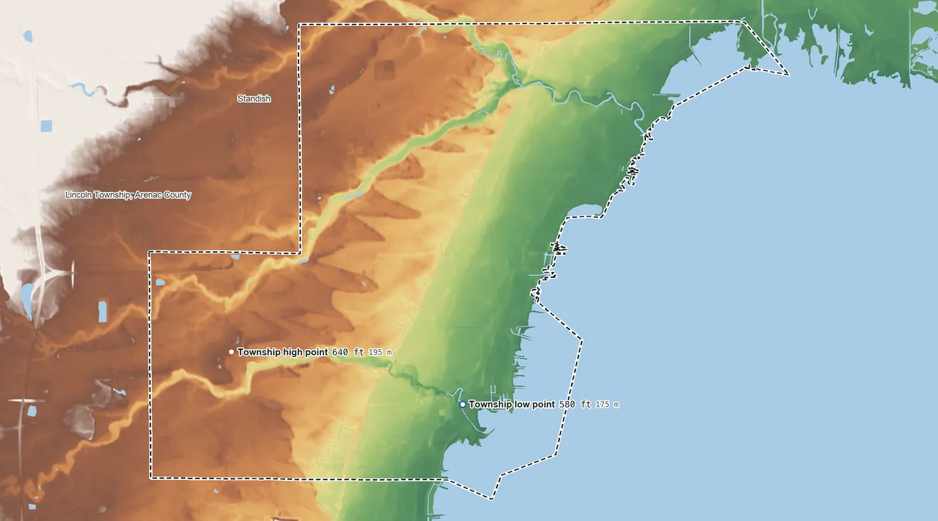 Topographic elevation map of Standish Township, Michigan, shaded from 580 ft on the southeast side to 640 ft on the west side