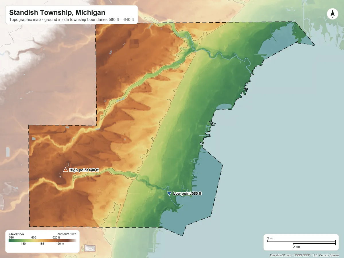 Topographic elevation map of Standish Township, Michigan, shaded from 580 ft on the southeast side to 640 ft on the west side