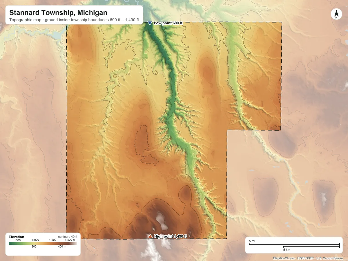 Topographic elevation map of Stannard Township, Michigan, shaded from 690 ft on the north side to 1,490 ft on the south side