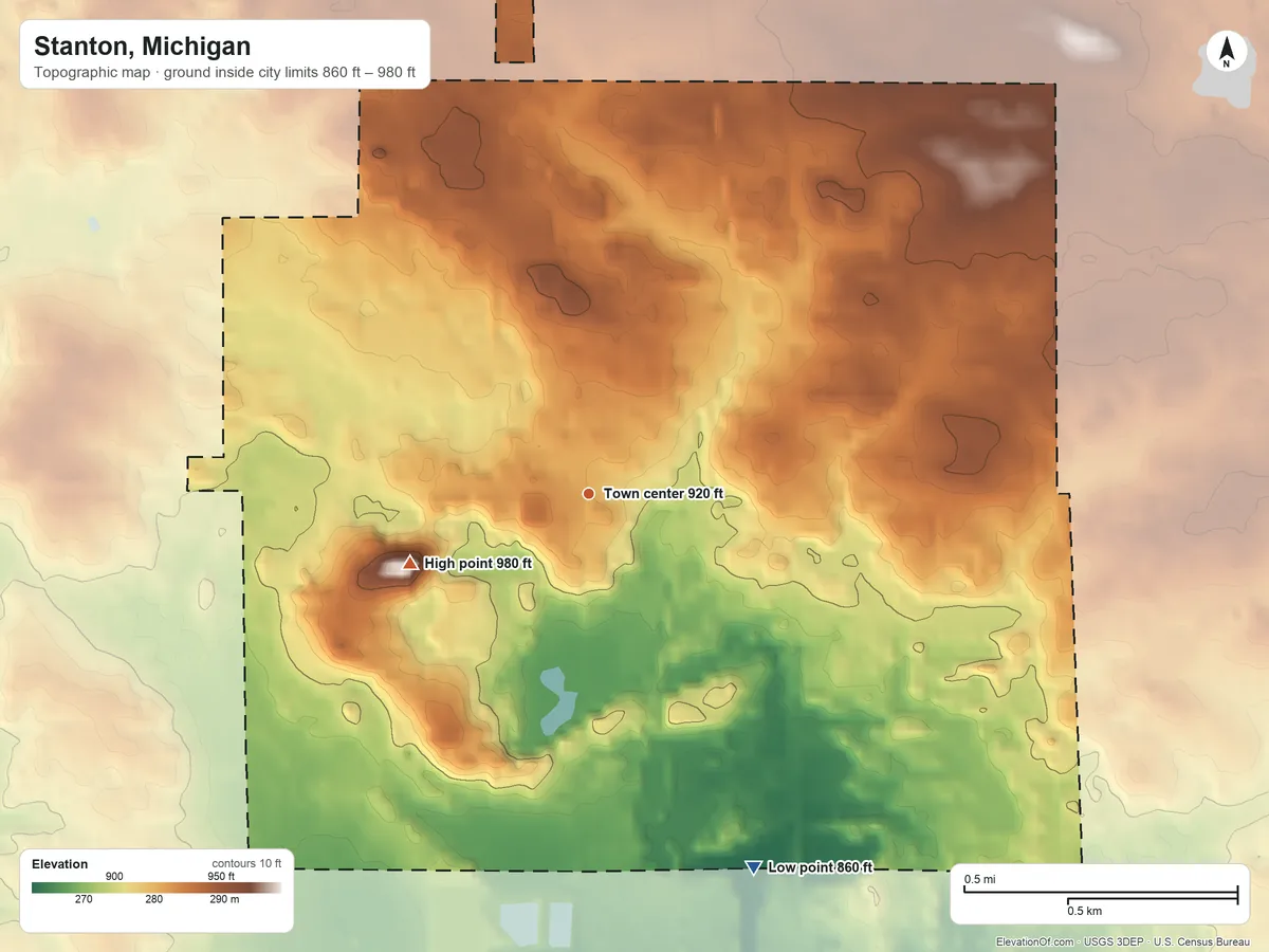 Topographic elevation map of Stanton, Michigan, shaded from 860 ft on the southeast side to 980 ft on the west side