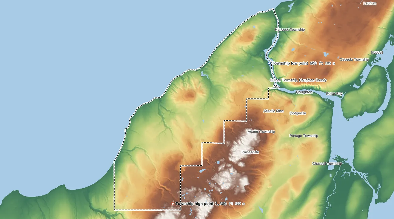 Topographic elevation map of Stanton Township, Michigan, shaded from 600 ft on the northeast side to 1,380 ft on the southwest side