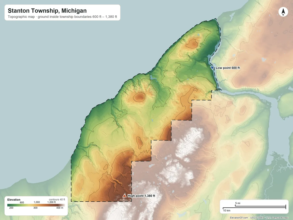 Topographic elevation map of Stanton Township, Michigan, shaded from 600 ft on the northeast side to 1,380 ft on the southwest side