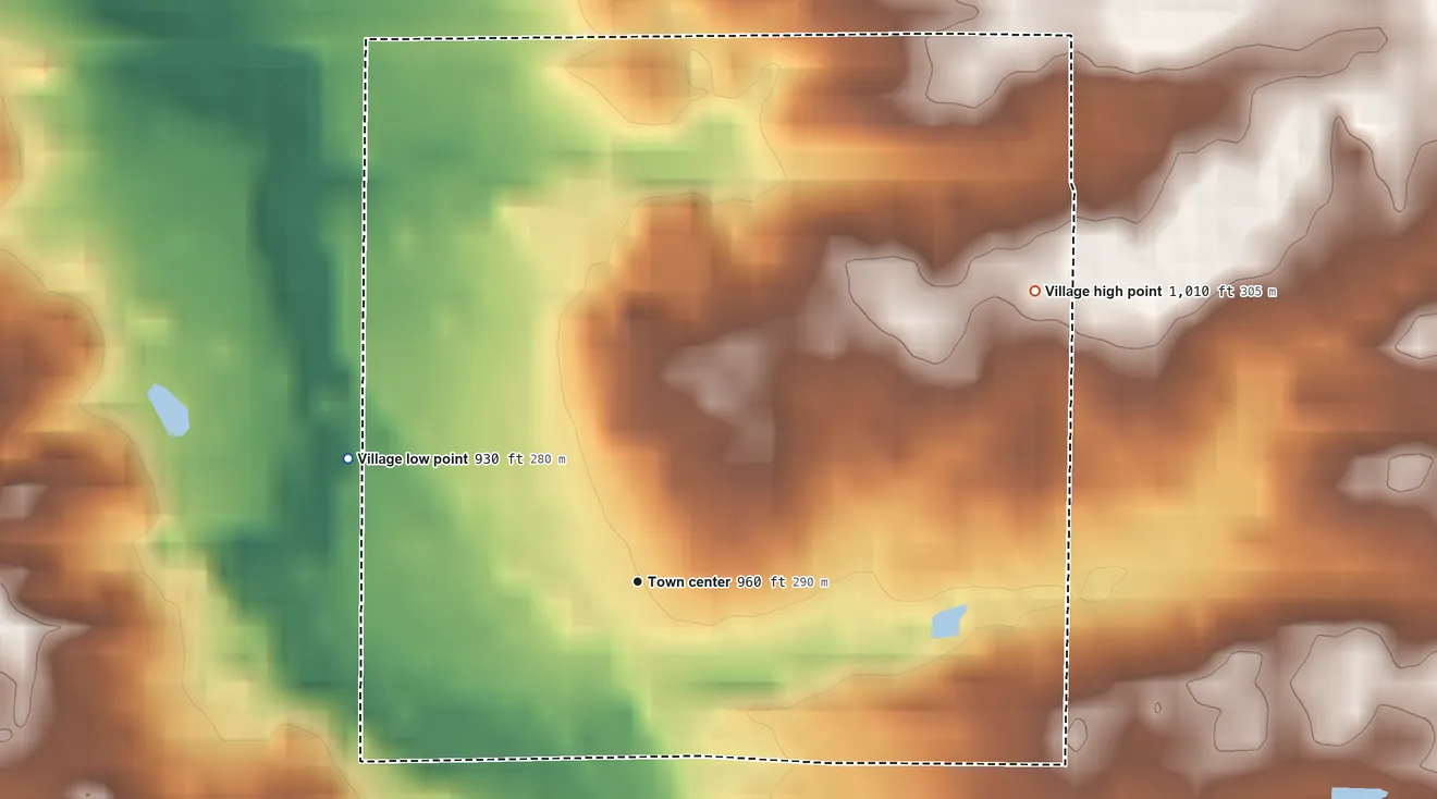 Topographic elevation map of Stanwood, Michigan, shaded from 930 ft on the northwest side to 1,010 ft on the northeast side