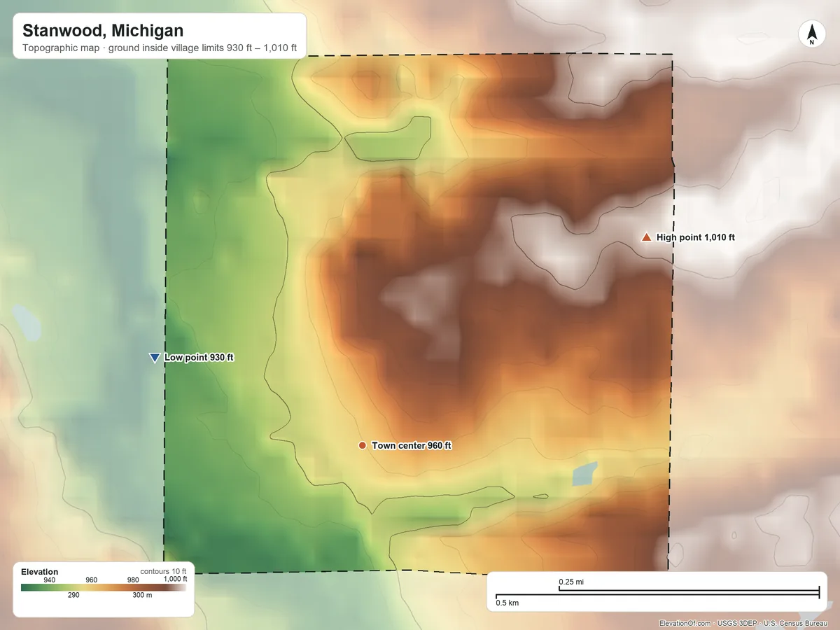 Topographic elevation map of Stanwood, Michigan, shaded from 930 ft on the northwest side to 1,010 ft on the northeast side