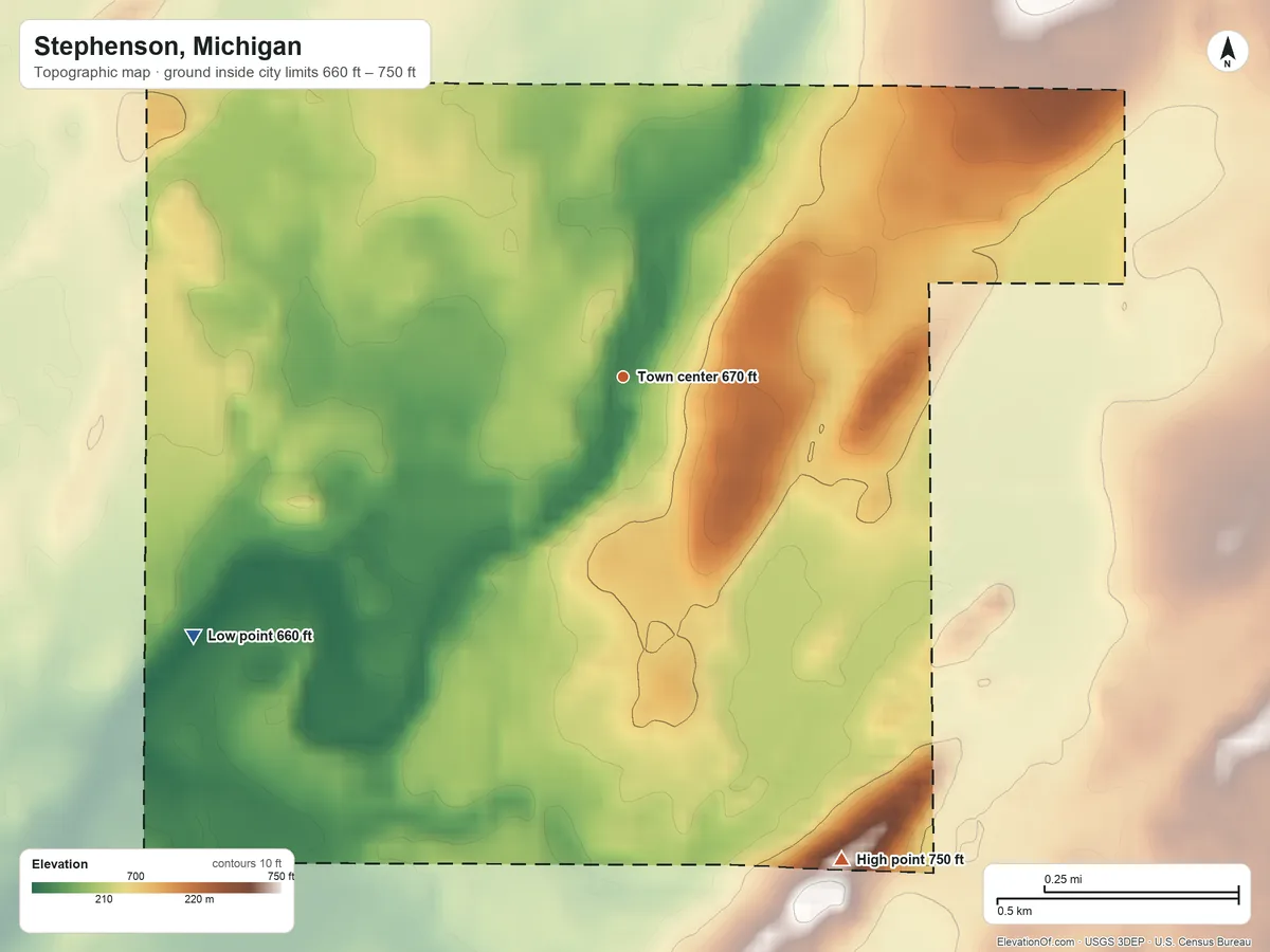 Topographic elevation map of Stephenson, Michigan, shaded from 660 ft on the southwest side to 750 ft on the southeast side