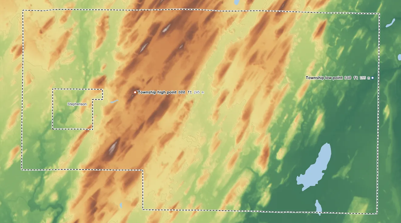 Topographic elevation map of Stephenson Township, Michigan, shaded from 640 ft on the east side to 800 ft near the middle