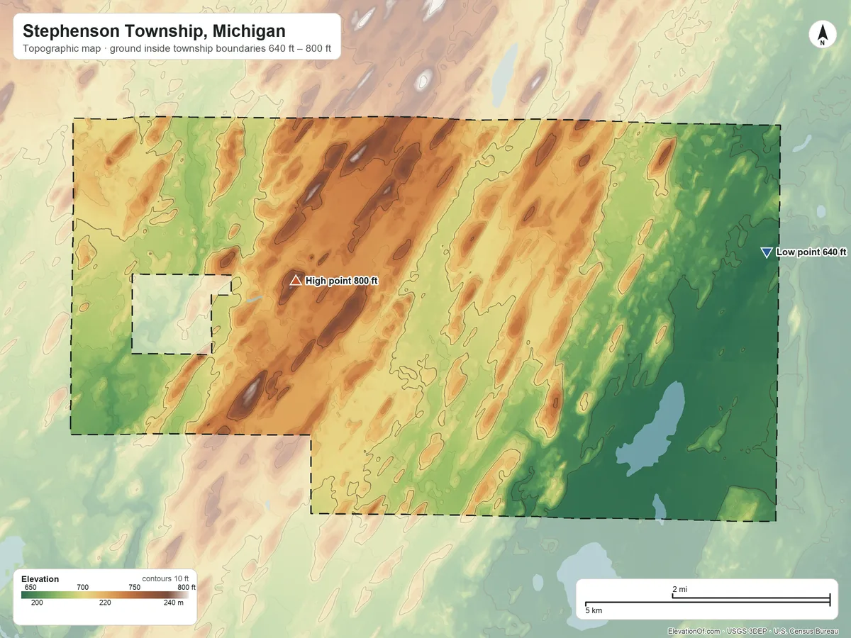 Topographic elevation map of Stephenson Township, Michigan, shaded from 640 ft on the east side to 800 ft near the middle