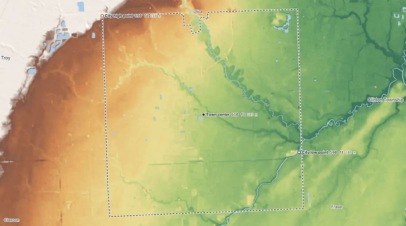 Topographic elevation map of Sterling Heights, Michigan, shaded from 590 ft on the east side to 690 ft on the northwest side