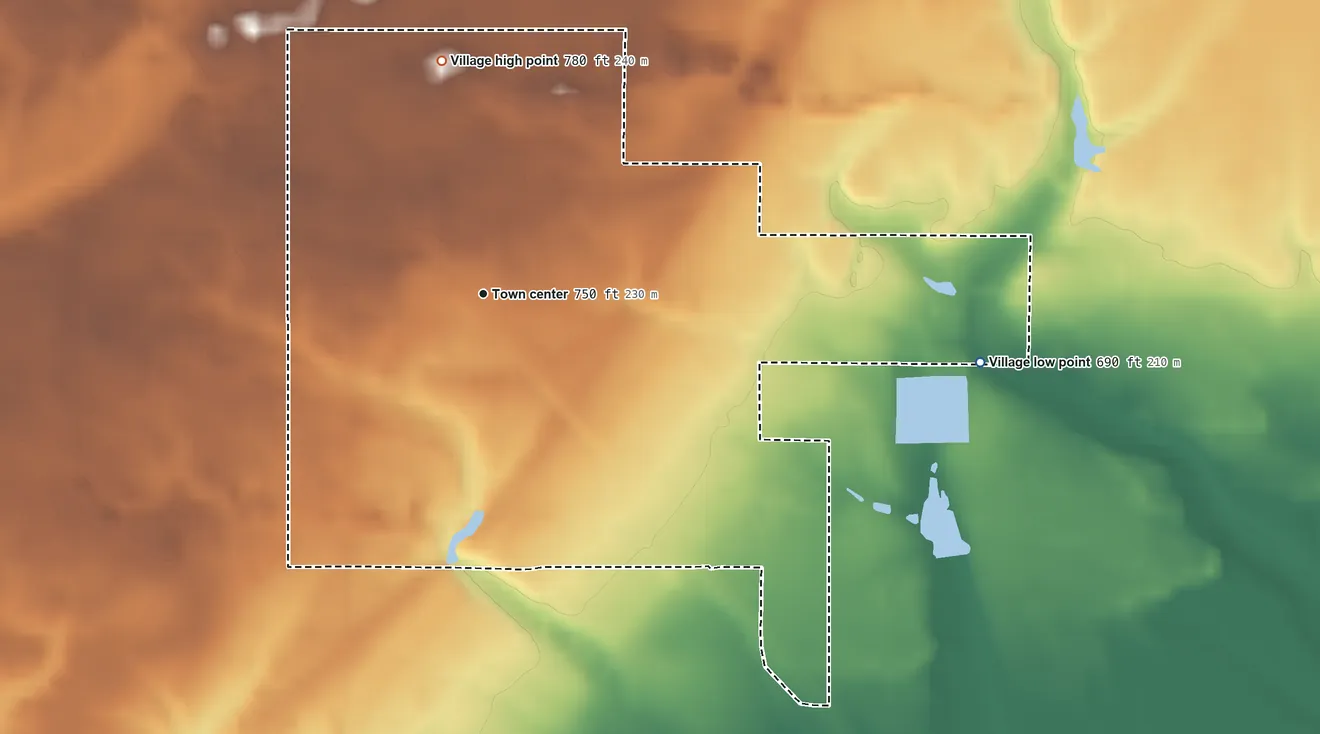 Topographic elevation map of Sterling, Michigan, shaded from 690 ft on the east side to 780 ft on the north side