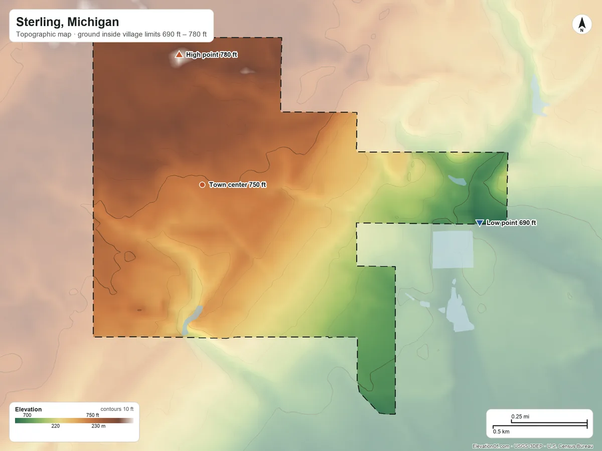 Topographic elevation map of Sterling, Michigan, shaded from 690 ft on the east side to 780 ft on the north side