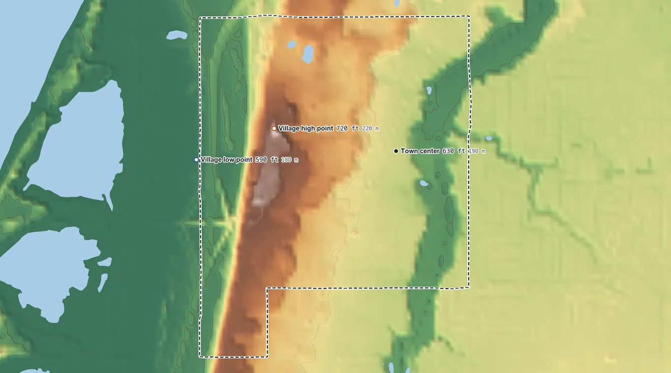 Topographic elevation map of Stevensville, Michigan, shaded from 590 ft on the west side to 720 ft on the west side
