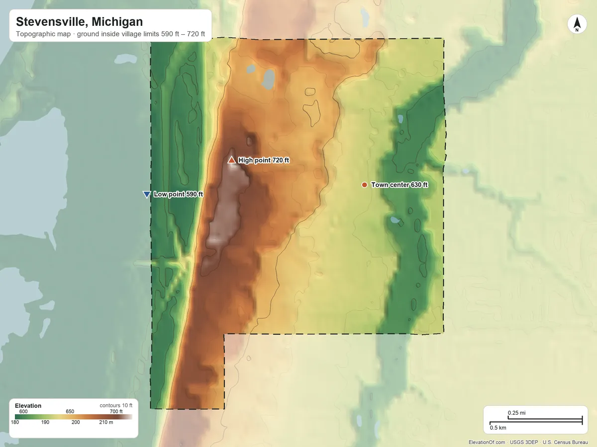 Topographic elevation map of Stevensville, Michigan, shaded from 590 ft on the west side to 720 ft on the west side