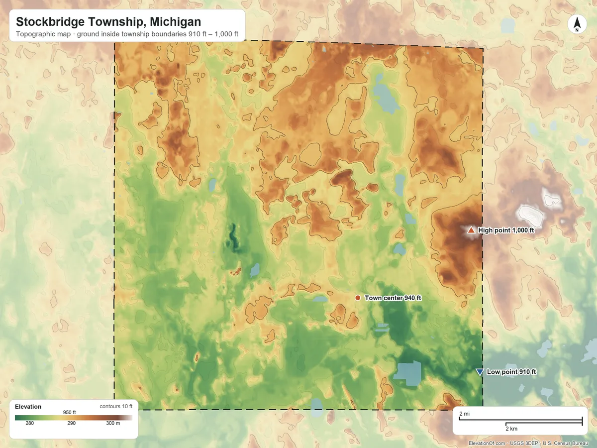 Topographic elevation map of Stockbridge Township, Michigan, shaded from 910 ft on the southeast side to 1,000 ft on the northeast side