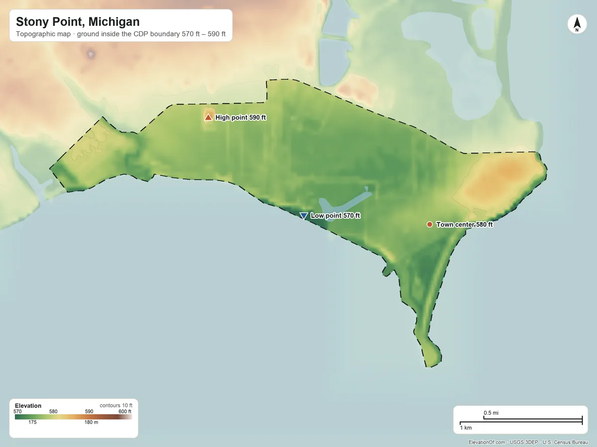 Topographic elevation map of Stony Point, Michigan, shaded from 570 ft on the west side to 590 ft on the northwest side