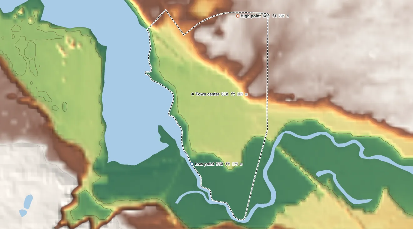 Topographic elevation map of Stronach, Michigan, shaded from 580 ft on the south side to 680 ft on the northeast side