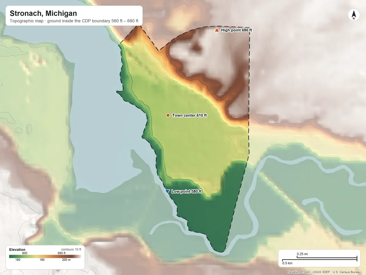 Topographic elevation map of Stronach, Michigan, shaded from 580 ft on the south side to 680 ft on the northeast side