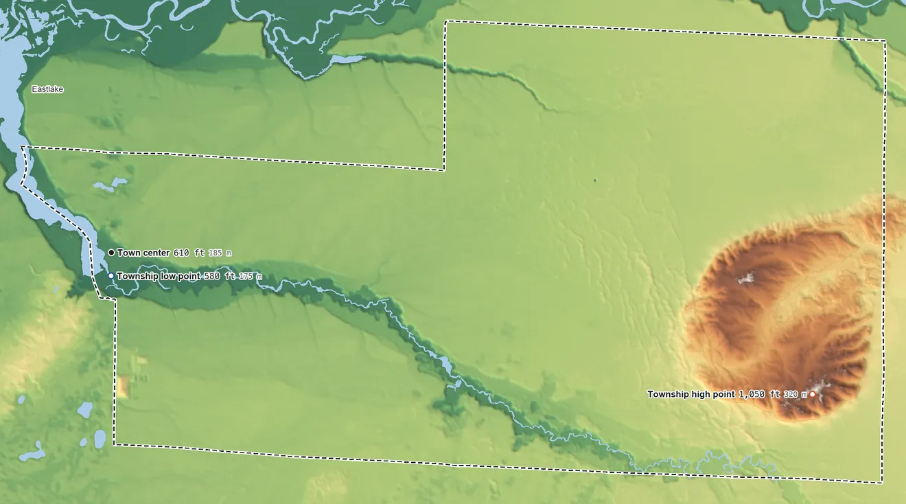 Topographic elevation map of Stronach Township, Michigan, shaded from 580 ft near the middle to 1,050 ft on Udell Hills