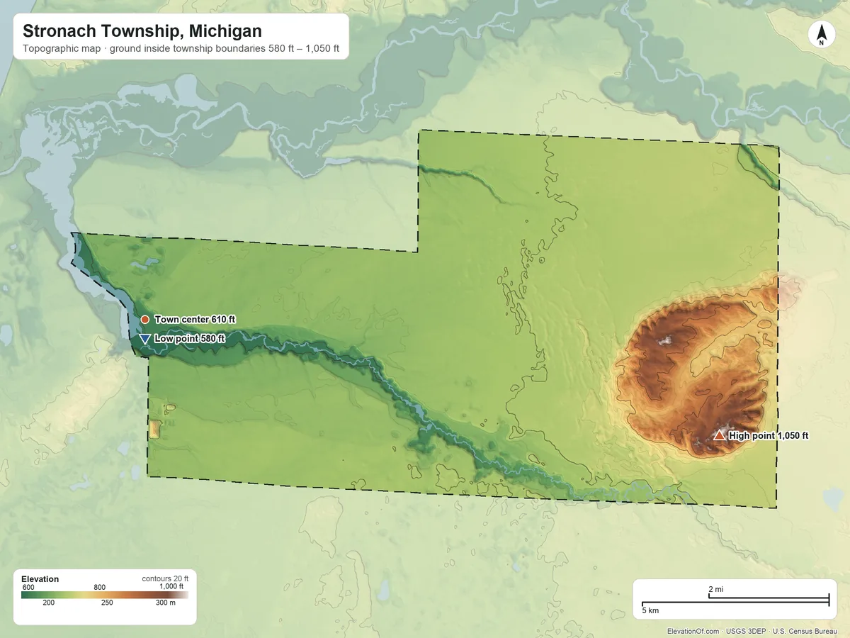 Topographic elevation map of Stronach Township, Michigan, shaded from 580 ft near the middle to 1,050 ft on Udell Hills