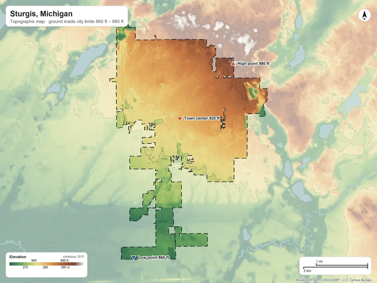 Topographic elevation map of Sturgis, Michigan, shaded from 860 ft on the south side to 980 ft on the northeast side