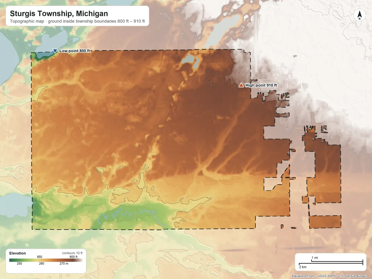 Topographic elevation map of Sturgis Township, Michigan, shaded from 800 ft on the northwest side to 910 ft on the northeast side