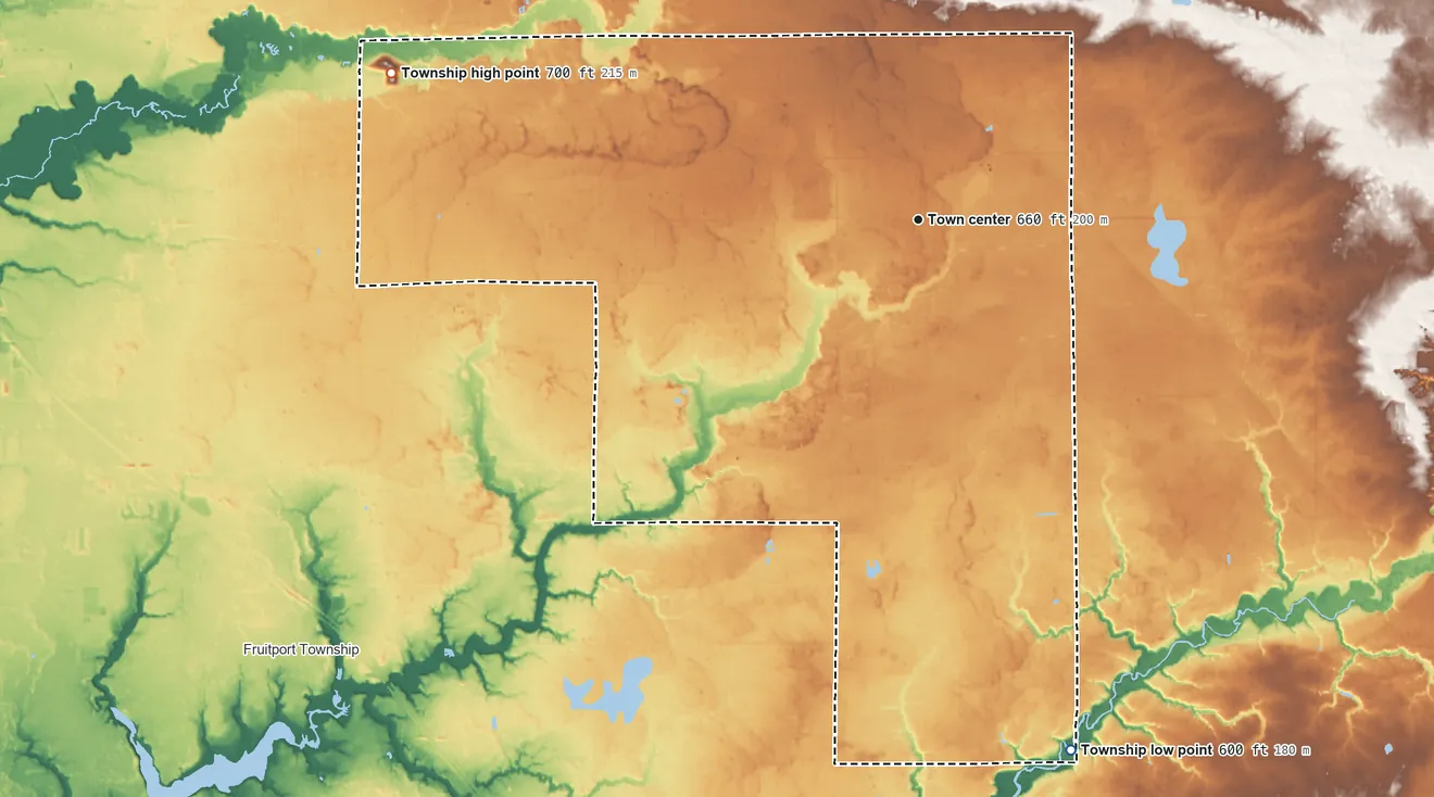 Topographic elevation map of Sullivan Township, Michigan, shaded from 600 ft on the south side to 700 ft on the west side