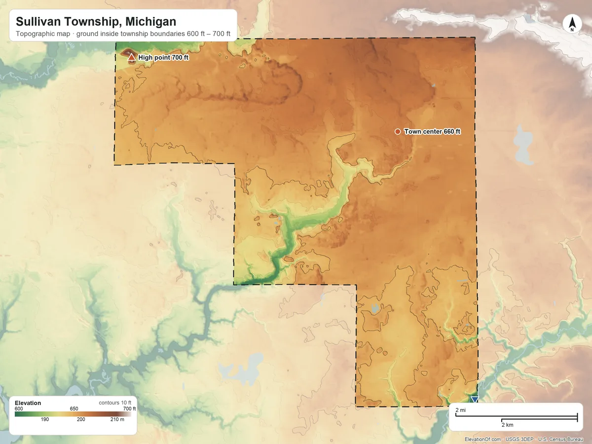 Topographic elevation map of Sullivan Township, Michigan, shaded from 600 ft on the south side to 700 ft on the west side
