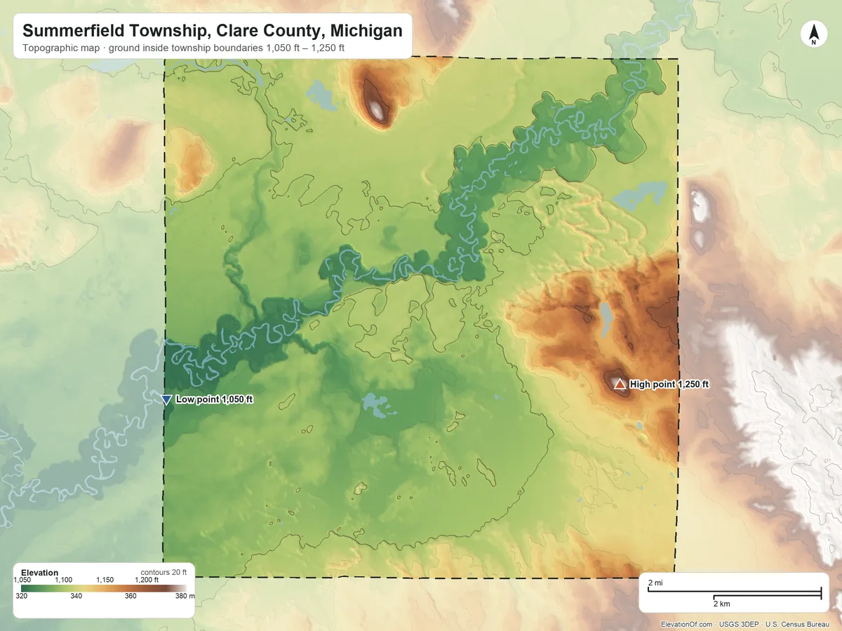 Topographic elevation map of Summerfield Township, Clare County, Michigan, shaded from 1,050 ft on the west side to 1,250 ft on the southeast side
