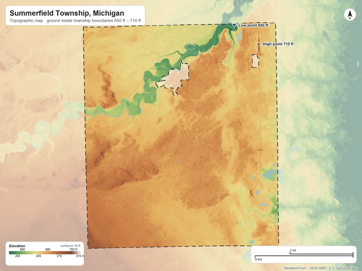 Topographic elevation map of Summerfield Township, Michigan, shaded from 650 ft on the north side to 710 ft on the northeast side
